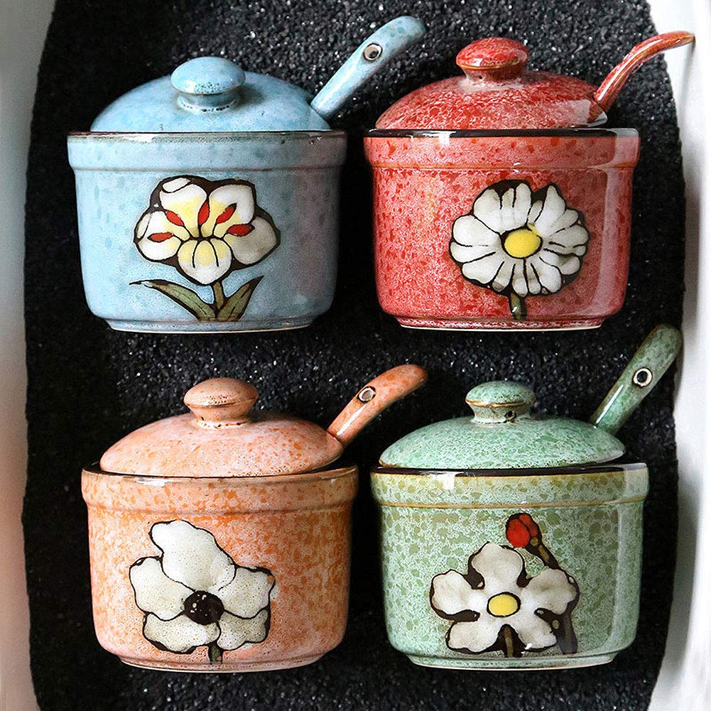 VanEnjoy Retro Hand Painted Flower Ceramic Round Sugar Bowls Spice Containers Porcelain Jar with Spoon Round Condiment