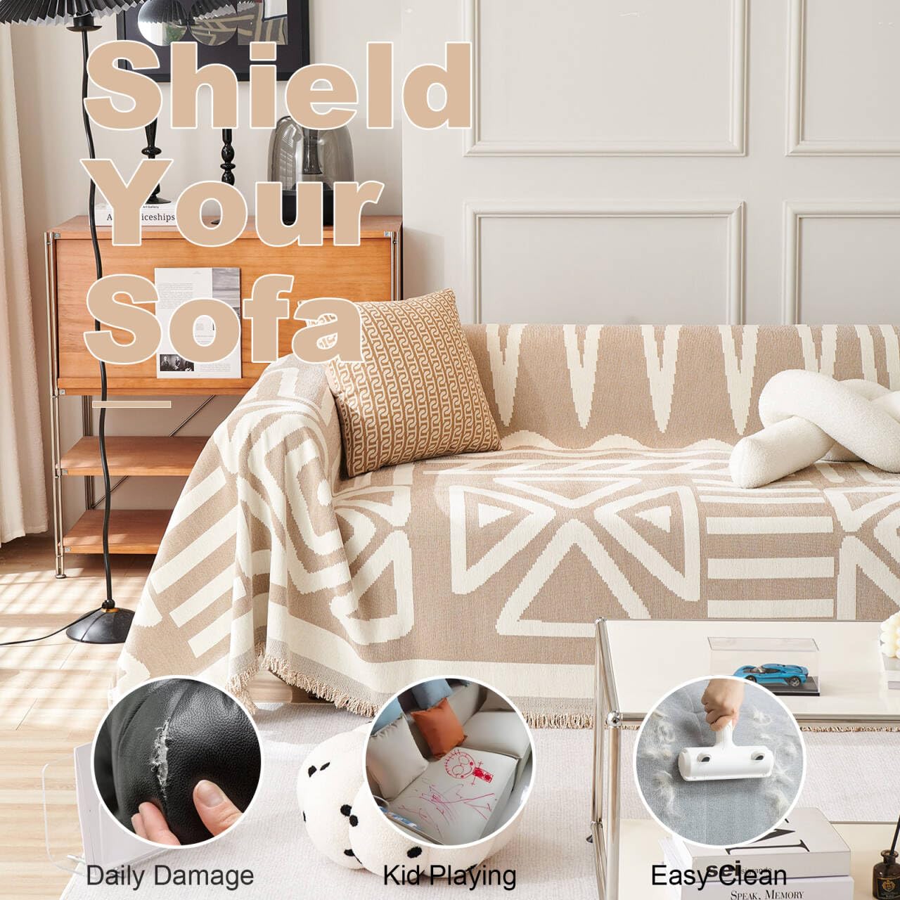 VClife Boho Couch Cover, Washable Sofa Cover for Dog, Non Slip Couch Covers for 2 Cushion Couch, Modern Khaki Creamy White Geometric Sofa Slipcovers Multi-Functional Furniture Protector 71'' x 118''
