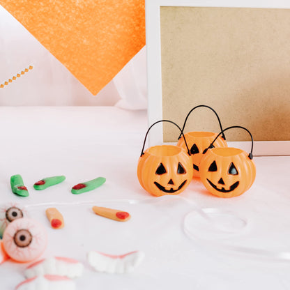 4E's Novelty 24 Pack Mini Pumpkin Trick or Treat Buckets Bulk Halloween Candy Holders Container for Kids, Halloween Goodie Bags Fillers Party Favor Toys