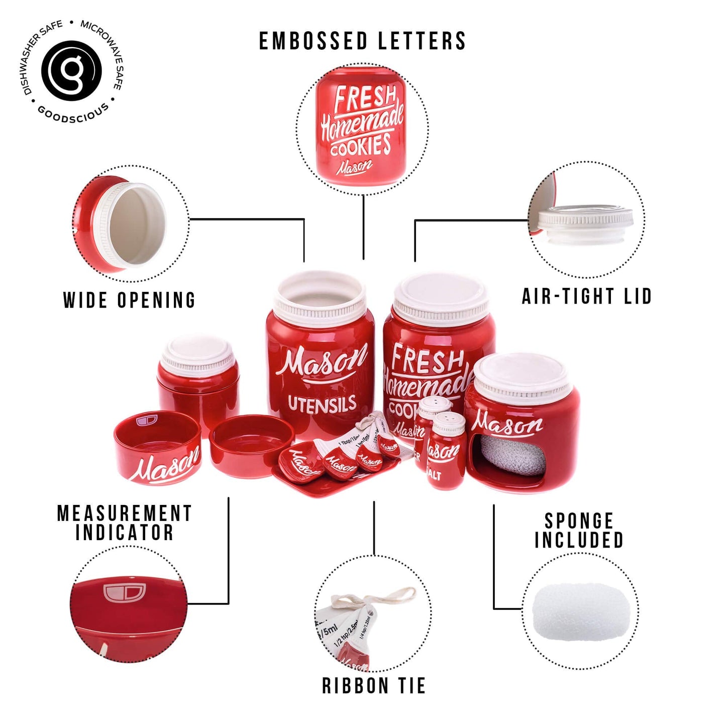 Farmhouse Canisters Sets for the Kitchen - Mason Jar Ceramic Kitchen Utensil Holder, Spoon Rest, Cute Cookie Jar, Salt & Pepper Shaker Sets, Sponge Holder, Measuring Cups & Spoons (Red, 17-Pc Bundle)
