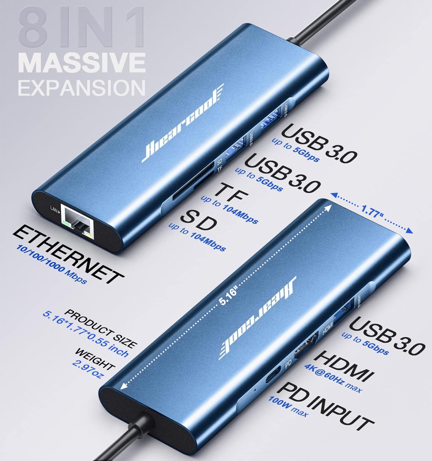 Hiearcool USB C Hub Ethernet,4K@60 USB-C to HDMI Hub,8in1 Multi-Port USBC Adapter Type C Dock Dongle Compatible for MacBook Pro Air iPad Dell Lenovo