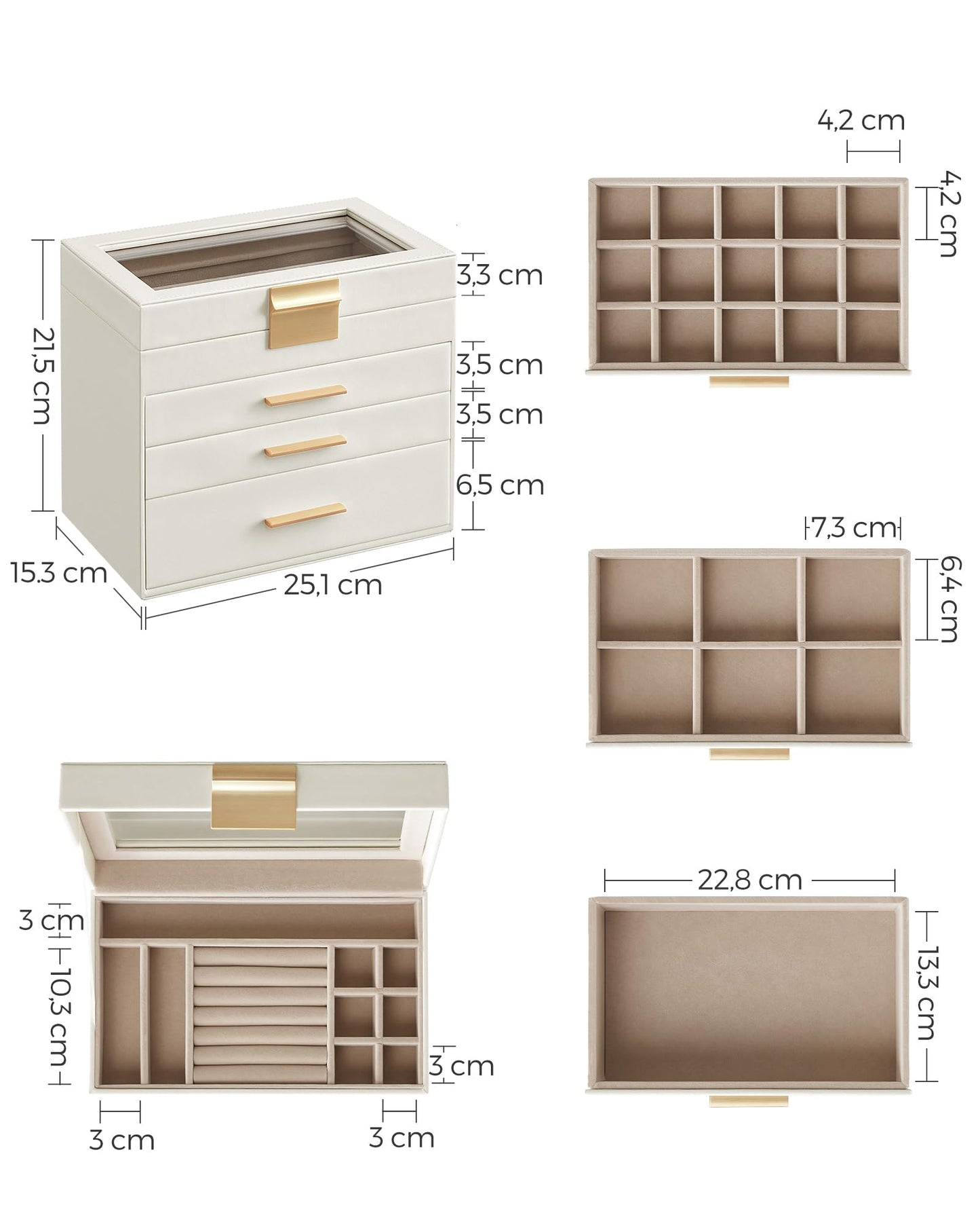 SONGMICS Jewellery Box with Glass Lid, 4-Layer Jewellery Storage Organiser with 3 Drawers, Plenty of Storage, Modern, Gift Idea, 15.3 x 25.1 x 21.5 cm, Cloud White and Gold Colour JBC161W01
