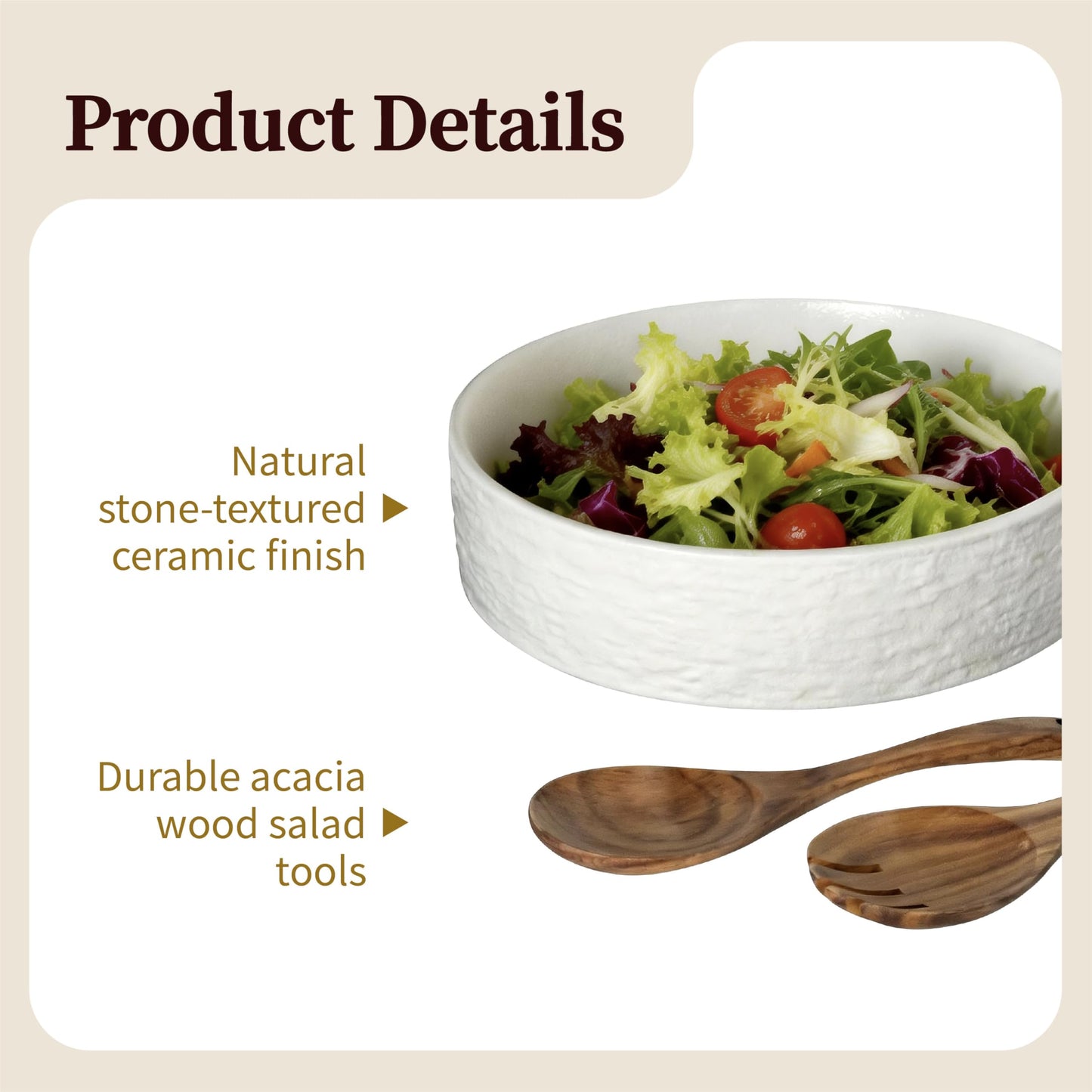 seicasaya 10 Inch Ceramic Salad Bowl with Acacia Wood Serving Spoon and Fork Set High Temperature Fired Stone Texture Large Serving Bowl for Pasta Fruit Popcorn Modern Centerpiece Bowl (White)