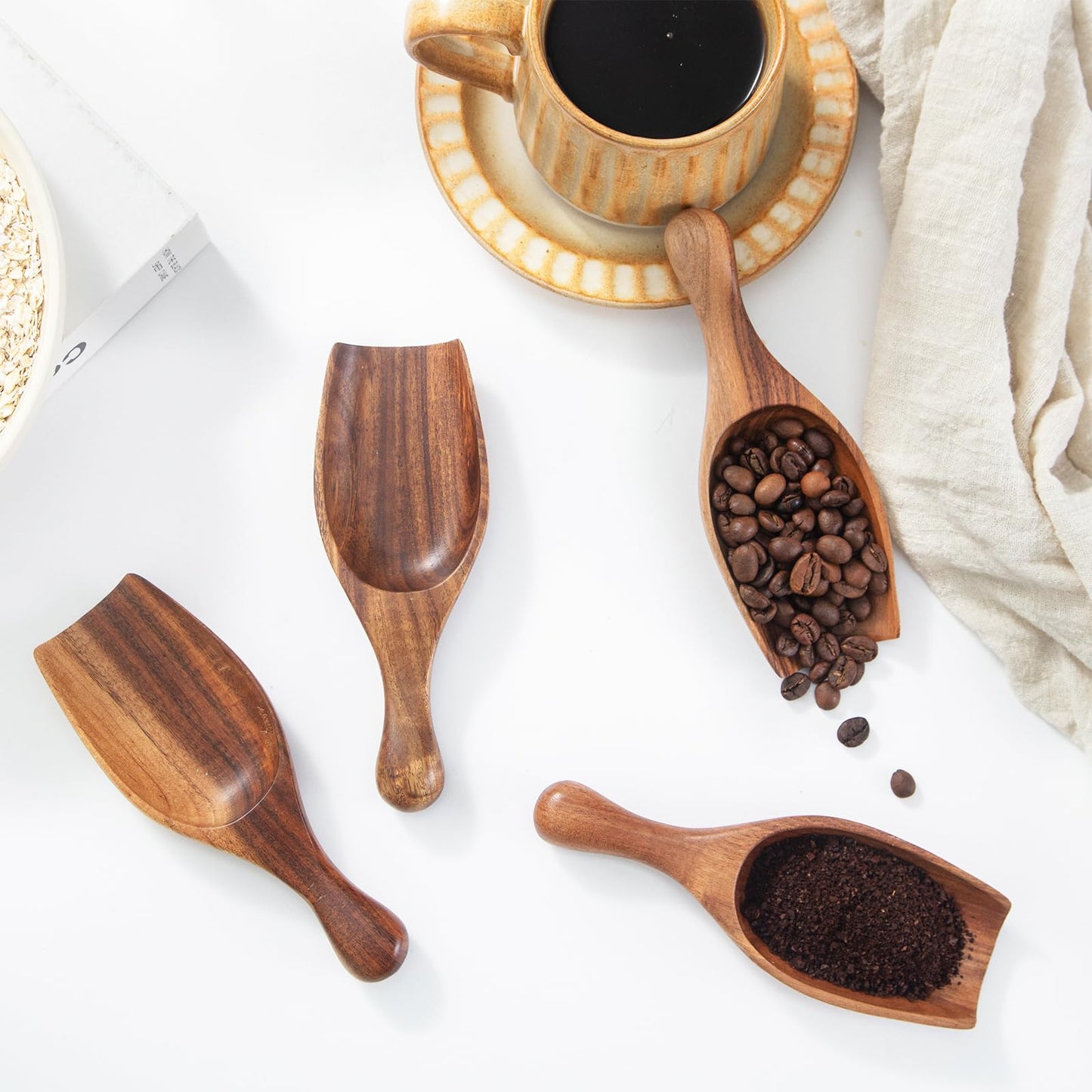 NLHL Big Wood Coffee Scoops - Acacia Wooden Scoops for Jars & Canisters, Multi-Purpose Measuring Spoons for Ground Coffee Powder, Flour, Oats, Bath Salt, Laundry Detergent Kitchen and Bath Use (4Pack)