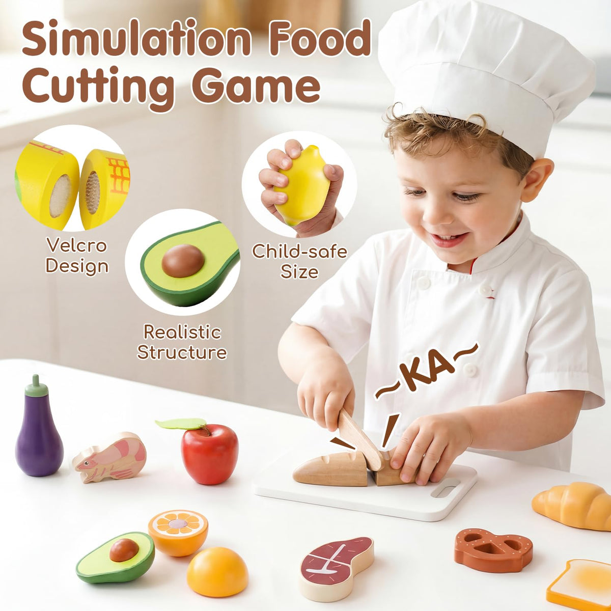 Lehoo Castle Wooden Play Food Set, Toy Food for Toddlers 1-3, Pretend Play Kitchen Accessories, Cutting Food Toys, Montessori Sorting Toys for Kids 3-5 Girls Boys