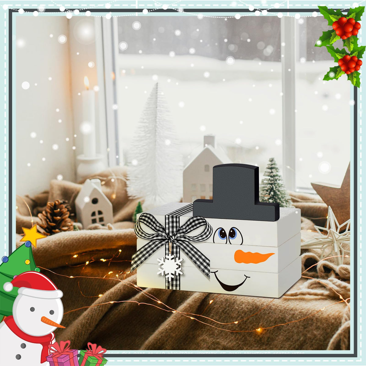 5 Pcs Winter Snowman Table Decorations Winter Wooden Tiered Tray Decor White Centerpiece Decorative Wood Books Table Top Decor Home Farmhouse Rustic Kitchen Shelf Decoration