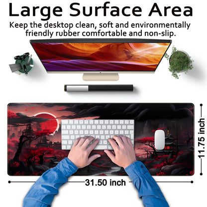 Riverside Full Moon Desk Pad Black Red Desk Mat Japanese Anime Extended XXL Keyboard Pad for Desk Gaming Computer Laptop Office Mouse Pad with Stitched Edges Non-Slip Large Computer Mat 31.5x11.8 in