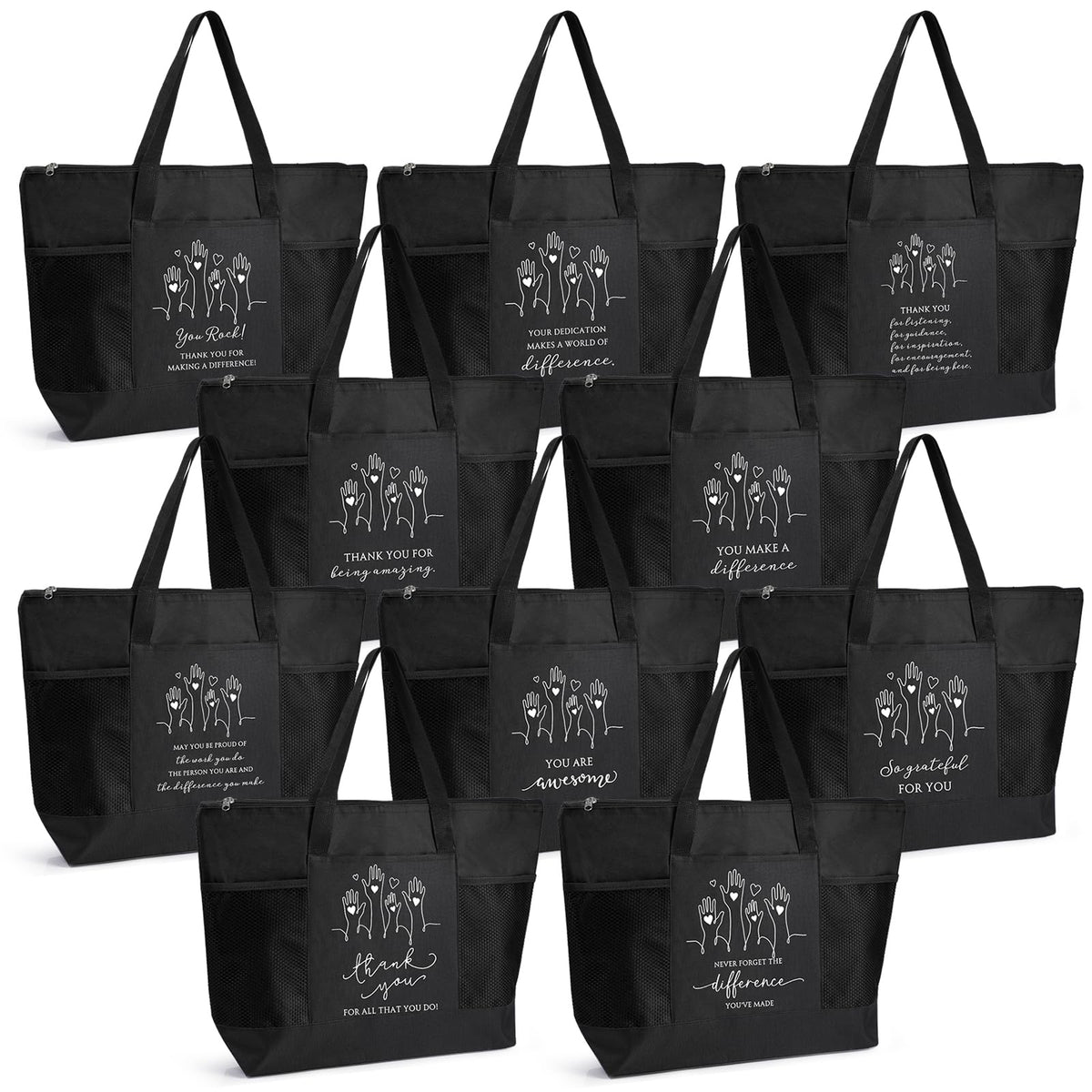 Paterr 10 Pcs Volunteer Appreciation Gifts Bulk Large Tote Bags with Zippered Mesh Pocket Inspirational Gift for Women Men(Black)