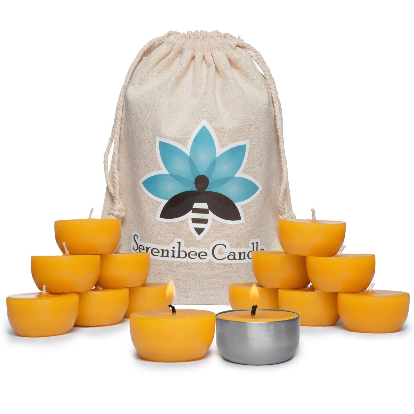 Serenibee Tea Light Candles - 100% Pure Beeswax Candles with one Custom Reusable Sturdy Steel Candle Holder and Reusable Cotton Bag Eco Friendly Gift Set(12 & 24)