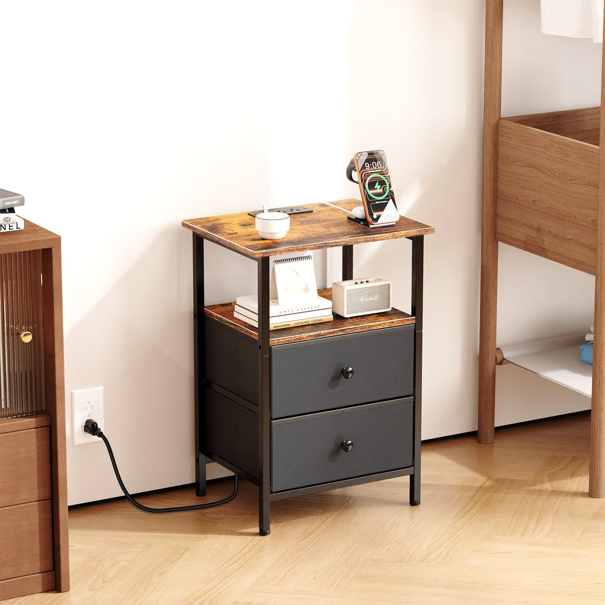 Smoproper Nightstand with Charging Station, Bedside End Table with 2 Fabric Drawers for Bedroom, Side Table with USB Ports and Outlets (Brown Black)