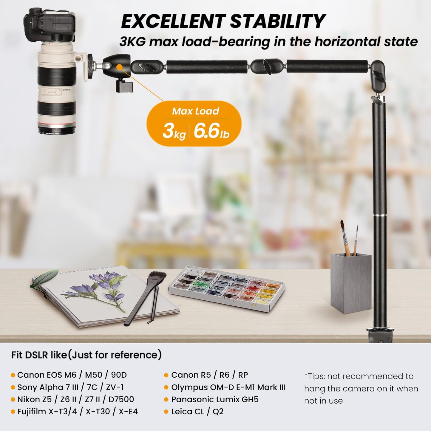 TARION Desk Camera Mount Stand Heavy Duty Articulated Camera Arm Articulating Table Mount Camera Stand Adjustable Flexible Gear Joints TKA01-L