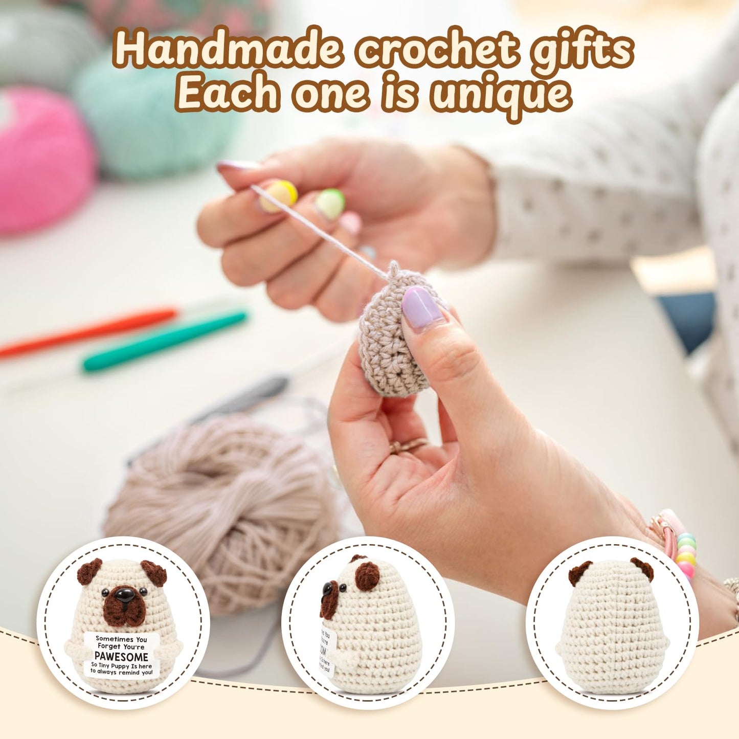 Mini Positive Crochet Dog，Funny Emotional Support Crochet Stuffed Gifts Cute Crochet Animals with Positive Messages Emotional Support Crochet Animals Handmade Crochet Puppy Inspirational Crochet Gift