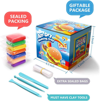 SAGO BROTHERS Air Dry Clay, 24 Colors Modelling Clay with 3 Tools & Project Booklet, Ultra Soft Light, DIY Creative Gifts, Arts and Crafts Kits for Kids Boys Girls Toys