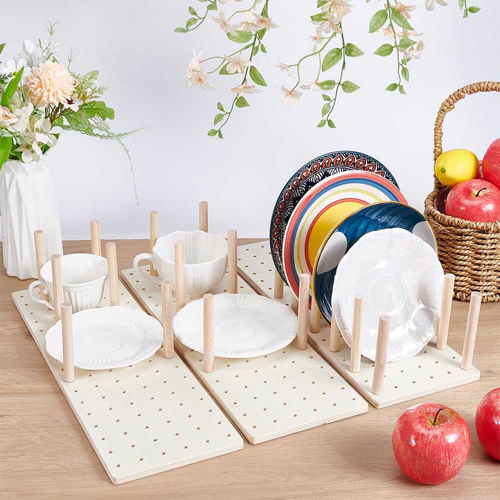 UNICRAFTALE 3Set Wood Pegboard Drawer Organizer Adjustable Wood Tableware Organizer Storage Shelf Wooden Peg Board with 24 Pegs for Dishes Plate Pot Container Cookware Utensil Kitchen 5.79x17.13 in