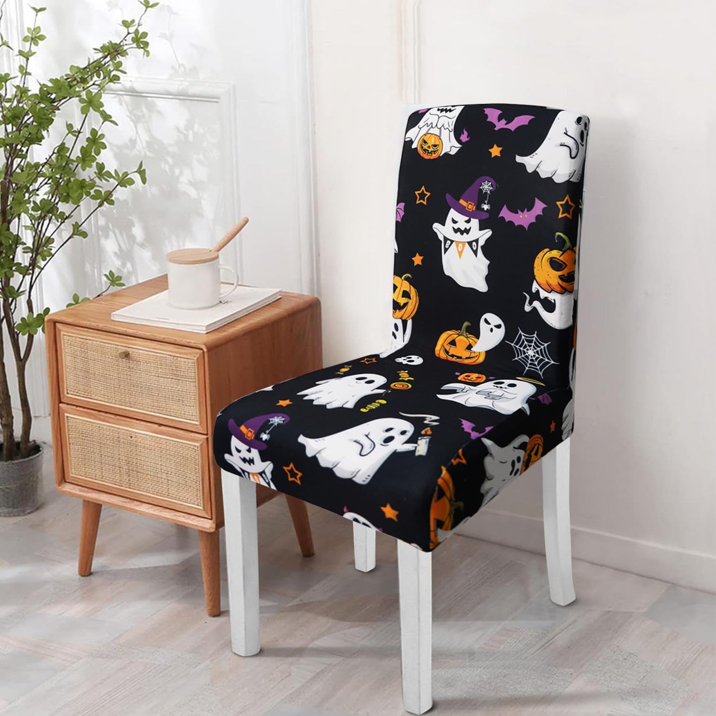 qwpmvhsak Halloween Chair Covers Set of 4, Cute Pumpkin Ghost Dining Chair Protectors, Black Elastic Removable Washable Dining Chair Covers, Suitable for Halloween Kitchen Restaurant Holiday Decor
