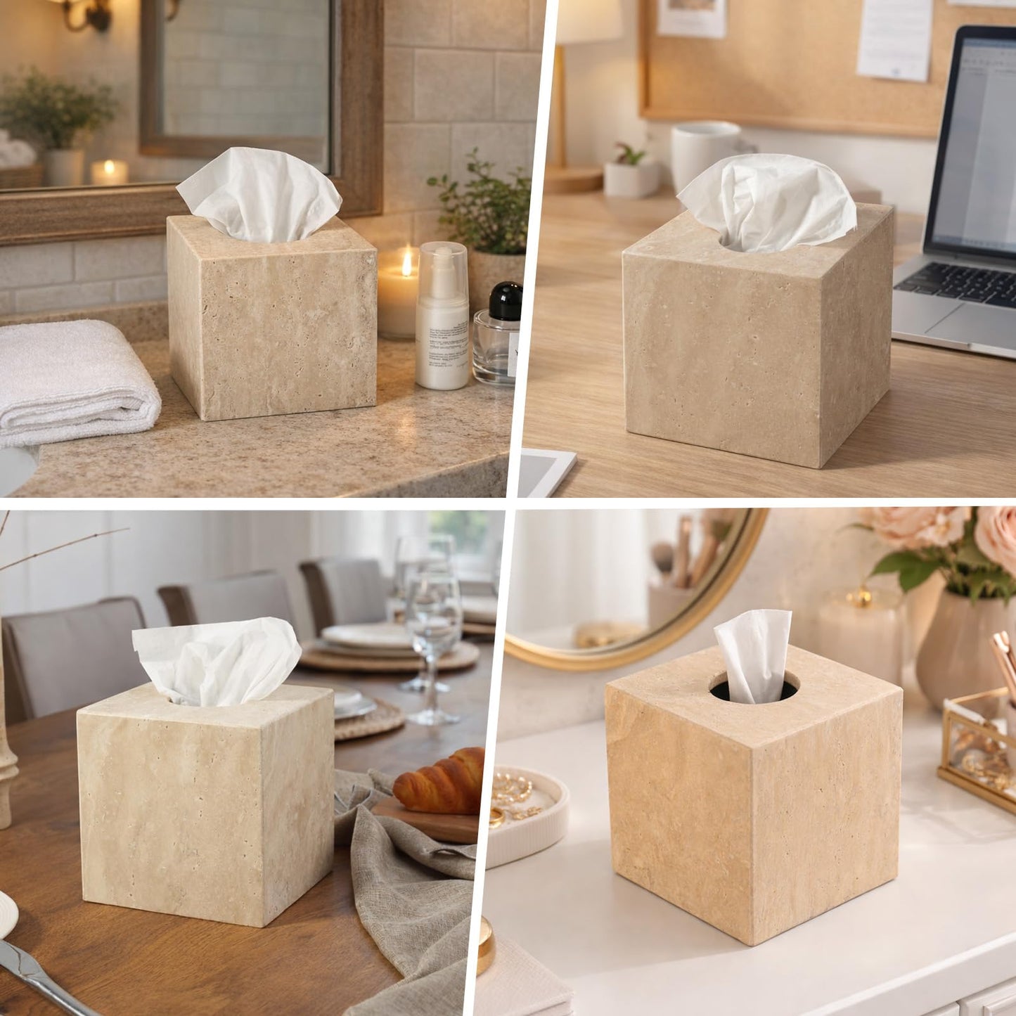 Koville Marble Tissue Box Cover, Heavy Square Tissue Cube Cover Tissue Organizer with Open Bottom for Countertop, Decorative Stone Facial Tissues Boxes Holder for Bathroom Bedroom Kitchen (Beige)