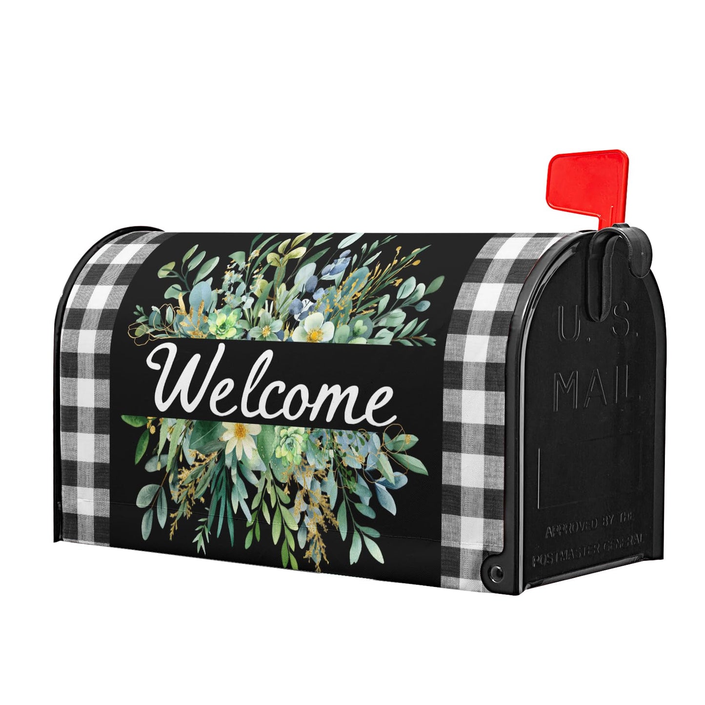 Spring Summer Wreath Welcome Mailbox Covers Magnetic Spring Black White Buffalo Plaid Mailbox Cover Large Green Wreath Mailbox Wraps Post Letter Box Cover Decor for Home Farmhouse Gadern Yard 25"x21"