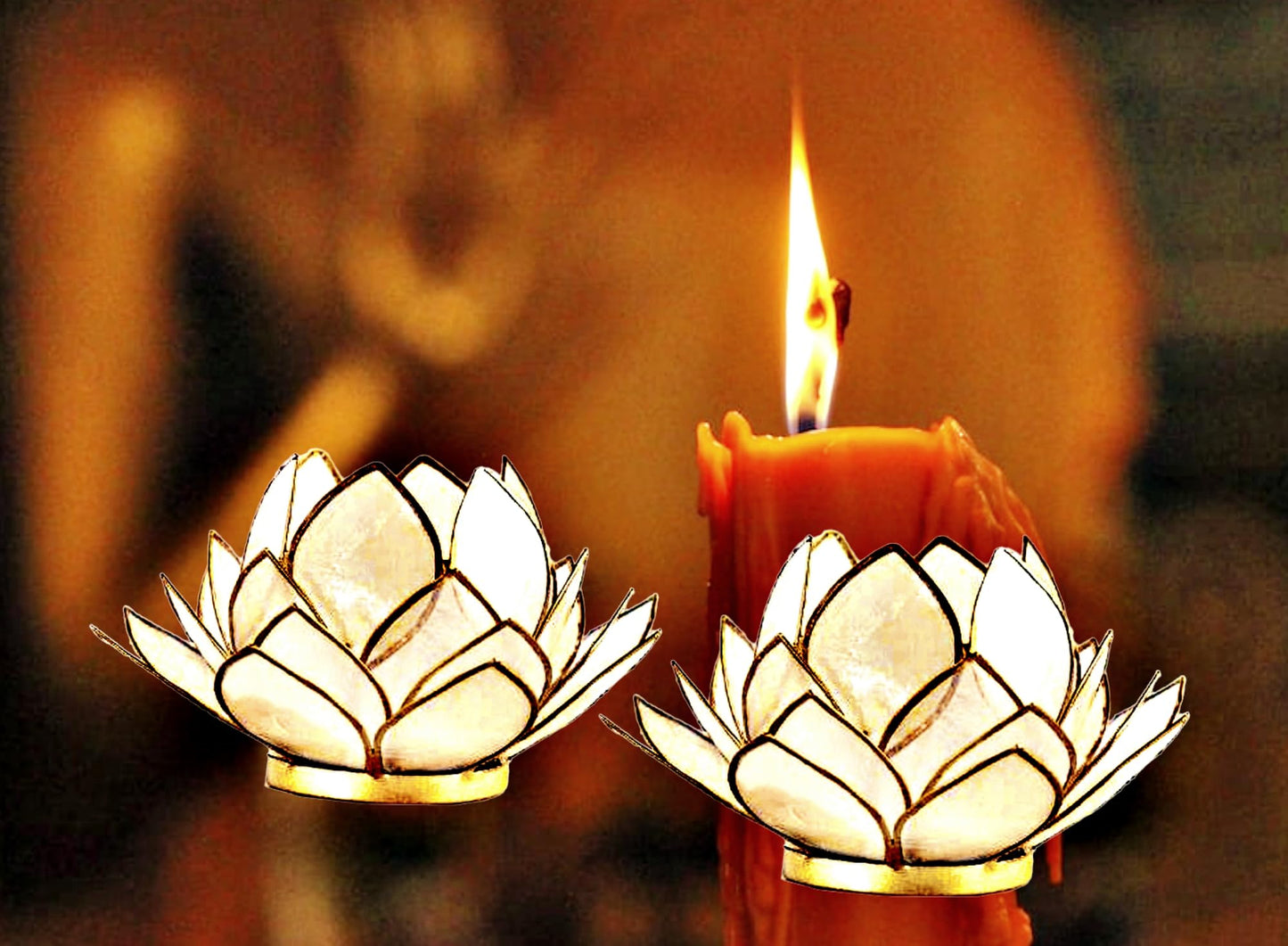 Contrast Natural White Capiz Shell Opening Lotus Flower Bulb Tealight Candle Holder, Tan, One Size