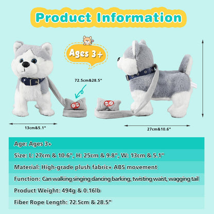 Marsjoy Husky Walking and Barking Puppy Dog Toy with Control Leash,Realistic Wagging Tail Robot Interactive Musical Dancing Animated Plush Stuffed Animal Electronic Pet for Kids Toddlers