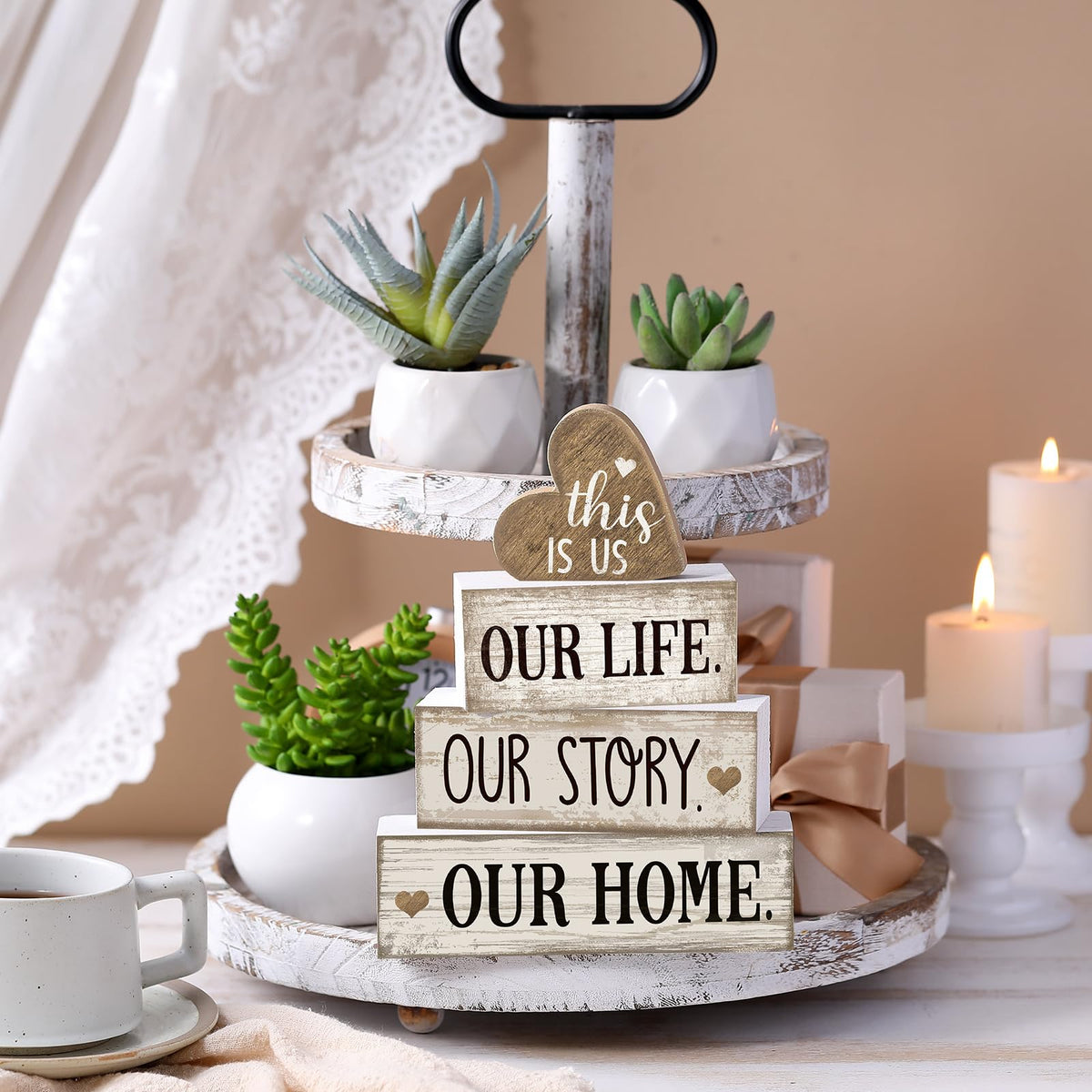 Conelist 4 Pcs Farmhouse Table Decoration Home Sweet Farmhouse Tiered Tray Decor This is Us Centerpiece Rustic Heart Boat Pink Bow Bless Block Sign Gift for Kitchen Table Kitchen Shelf (Heart)