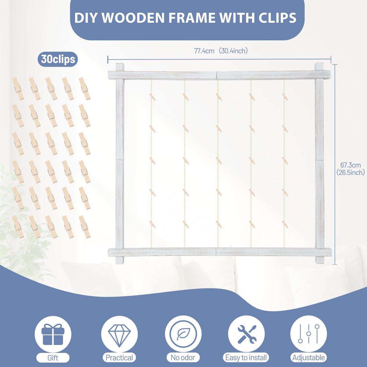 Wood Picture Frames Collage,Photo Display With 30 Clips,Hanging Picture Board Wall Decor for Dorm Graduation Letter Postcard Greeting Card Organizer,Pine,Adjustable Bead String,2 Pack,(Rustic White)