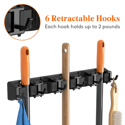 Lifewit Broom Mop Holder Wall Mounted，Heavy Duty Broom Storage with 5 Slot 6 Hooks, Utility Room Storage Solutions for Broom Cupboard Kitchen Bathroom Garage and Garden Tool Organiser, 1 Pack, Black