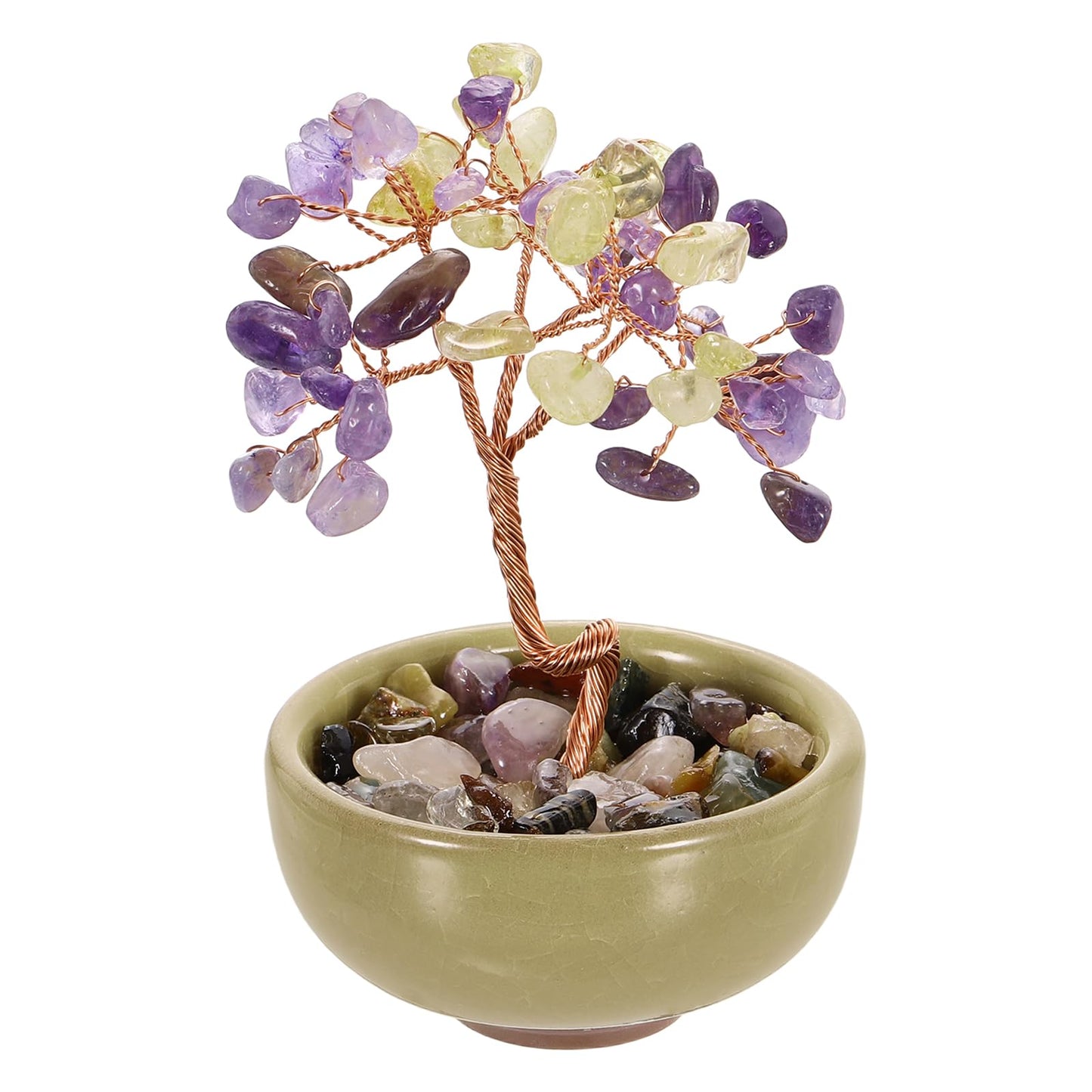 MECCANIXITY 7 Chakra Crystal Tree of Life, Natural Amethyst & Citrine Gemstone Tree Handmade Feng Shui Bonsai with Agate Base for Positive Energy, Good Luck, Home Office Decor (4 x 2.4 Inch)