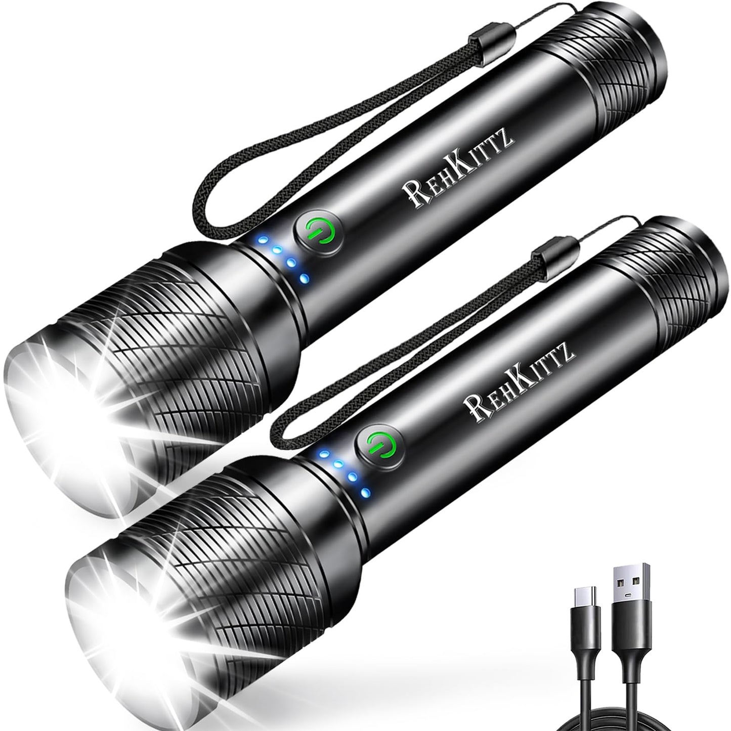 REHKITTZ Torch, LED Rechargeable Torches(Built-in Large Capacity Battery) High Lumen Super Bright Flashlight with Power Display,Long Working Time,Aluminum Alloy,5 Light Modes,Zoomable Torch（2 Pack）