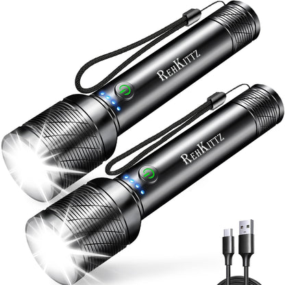 REHKITTZ Torch, LED Rechargeable Torches(Built-in Large Capacity Battery) High Lumen Super Bright Flashlight with Power Display,Long Working Time,Aluminum Alloy,5 Light Modes,Zoomable Torch（2 Pack）