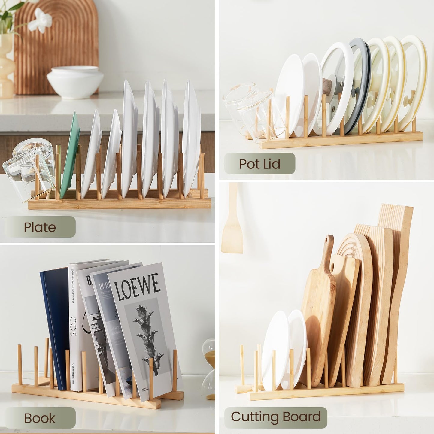 NOVAYEAH 4 Pcs Bamboo Wooden Dish Rack-Plate Pot Lid Cutting Board Organizer Holder Rack for Cabinet-Kitchen Cabinet Organizer for Dish, Pots, Lids, Bowls, Bottles, Books, and Puzzle