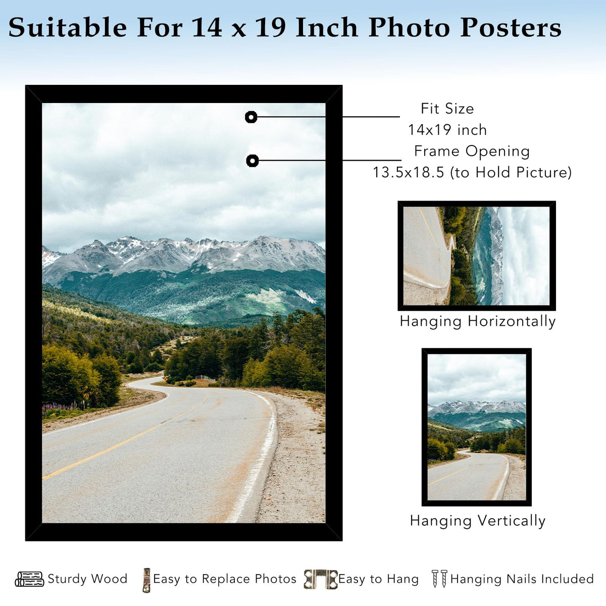 QOTIB Wood 14x19 Picture Frame Black for Wall Hanging, 14 x 19 Frame Photo Frame for Wall Horizontally or Vertically, Black, 1 Pack