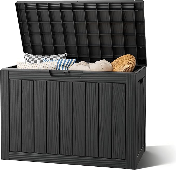 Outdoor Storage Box, Resin Deck Boxes Indoor and outdoor, Waterproof Storage Box Lockable Lid (Black, 45 Gallon)