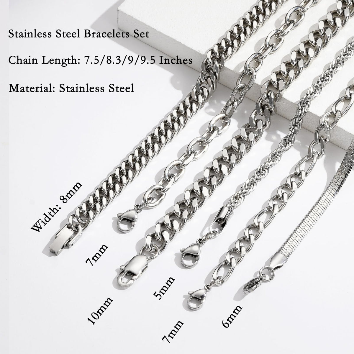 Zocomi Silver Chain Bracelets for Men Stainless Steel Stack Cuban Link Figaro Rope Chains Wrist Band Accessories Metal Bracelet Pack Set Jewelry Gifts Teen Boys Him Male Pulsera Para Hombres 8.3 Inch