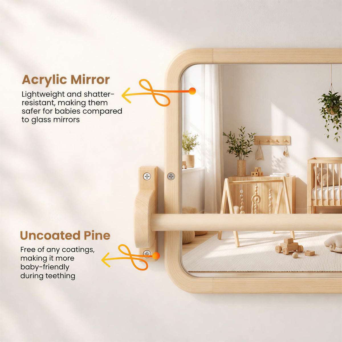 Woodtoe Montessori Mirror with Bar, Adjustable Tummy Time Floor Mirror, Baby Pull to Stand Toys, Natural Unpainted Solid Wood Frame, Baby Pull Up Bar, Developmental Toys for Nursery (Small Size)