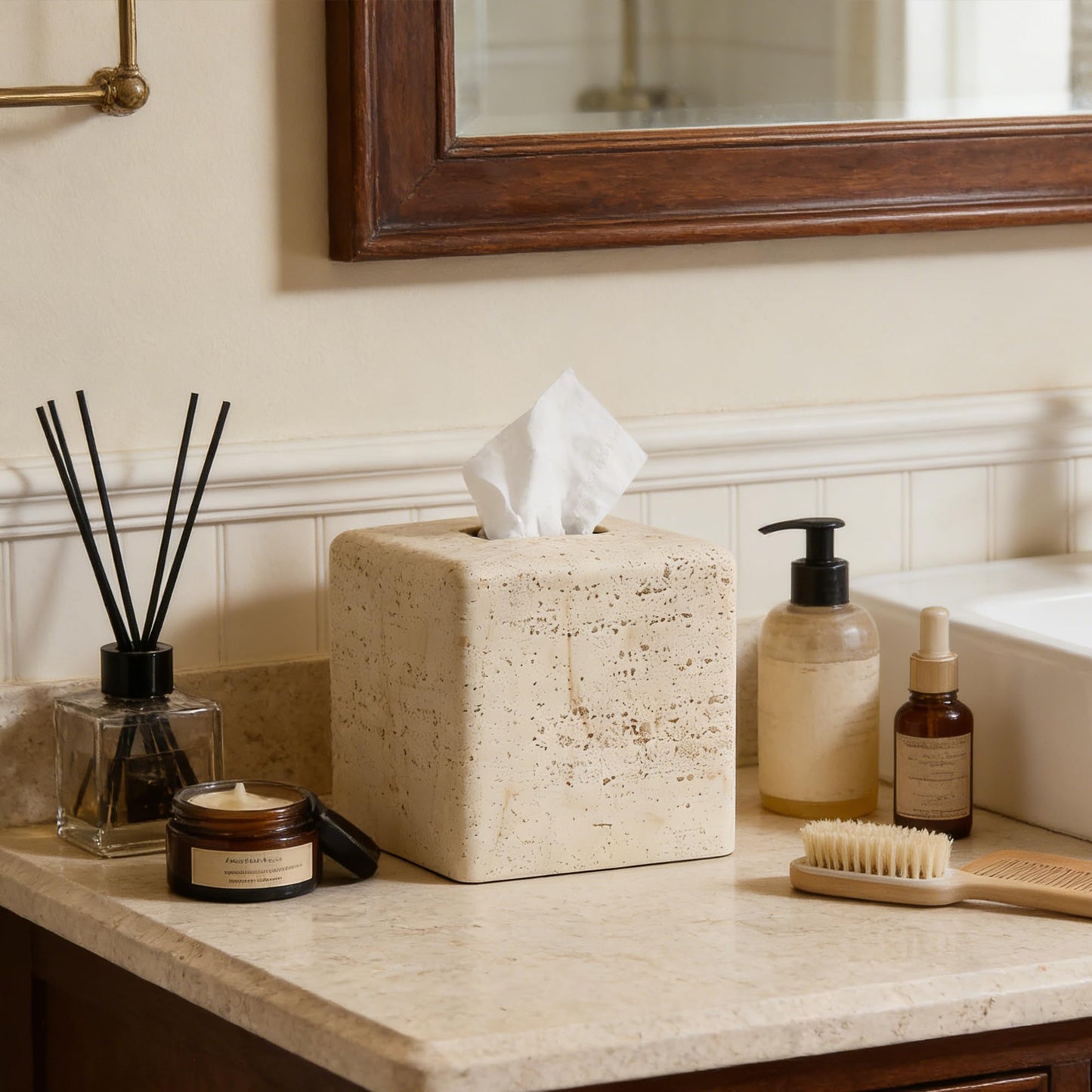 Natural Travertine Textures Tissue Box Cover Square for Home Decor,Resin Heavy Tissue Box Holder for Bathroom Countertop,Tabletop,Bedside Table,Office (Handmade of Resin)