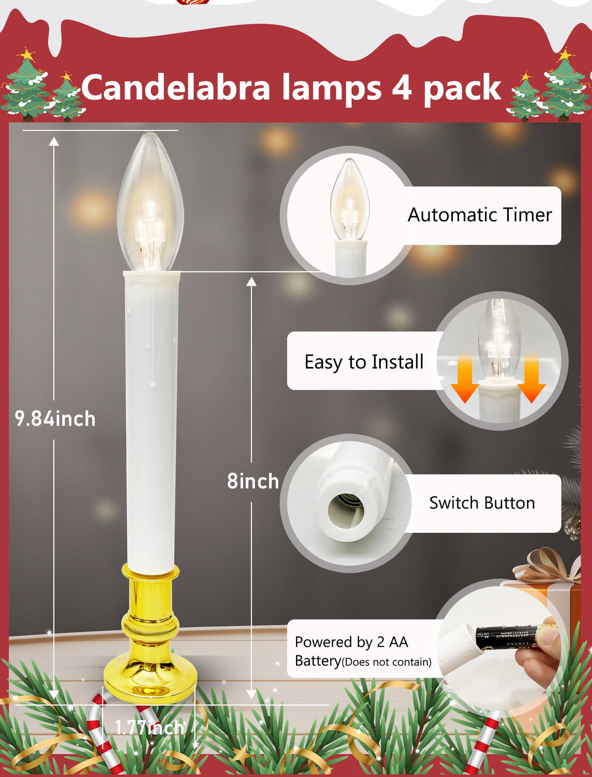 4 Pack Christmas Battery Operated Window Candles with Timer (6-18H), Wireless Window Candle Light with Gold Candlestick Base, C26 LED Bulb Candle Lamp for Home Party Valentines Decor, 4 Suction Cups