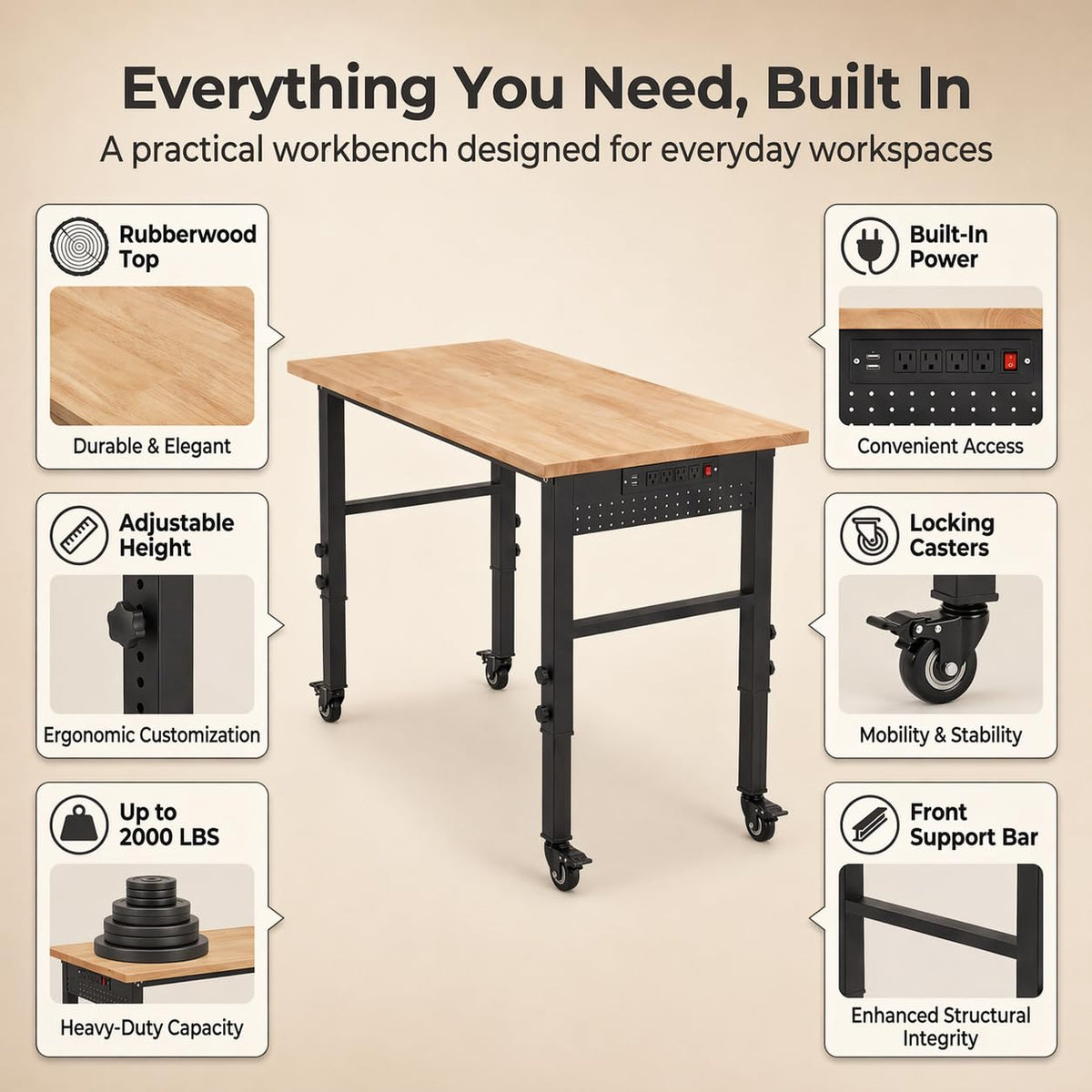 VUWIF 48" Workbench with Wheels, Adjustable Height Work Bench with Rubberwood Top, Built-in Power Outlet with 4 AC Outlets and 2 USB Ports, 2000 LBS Capacity for Garage, Workshop and Home