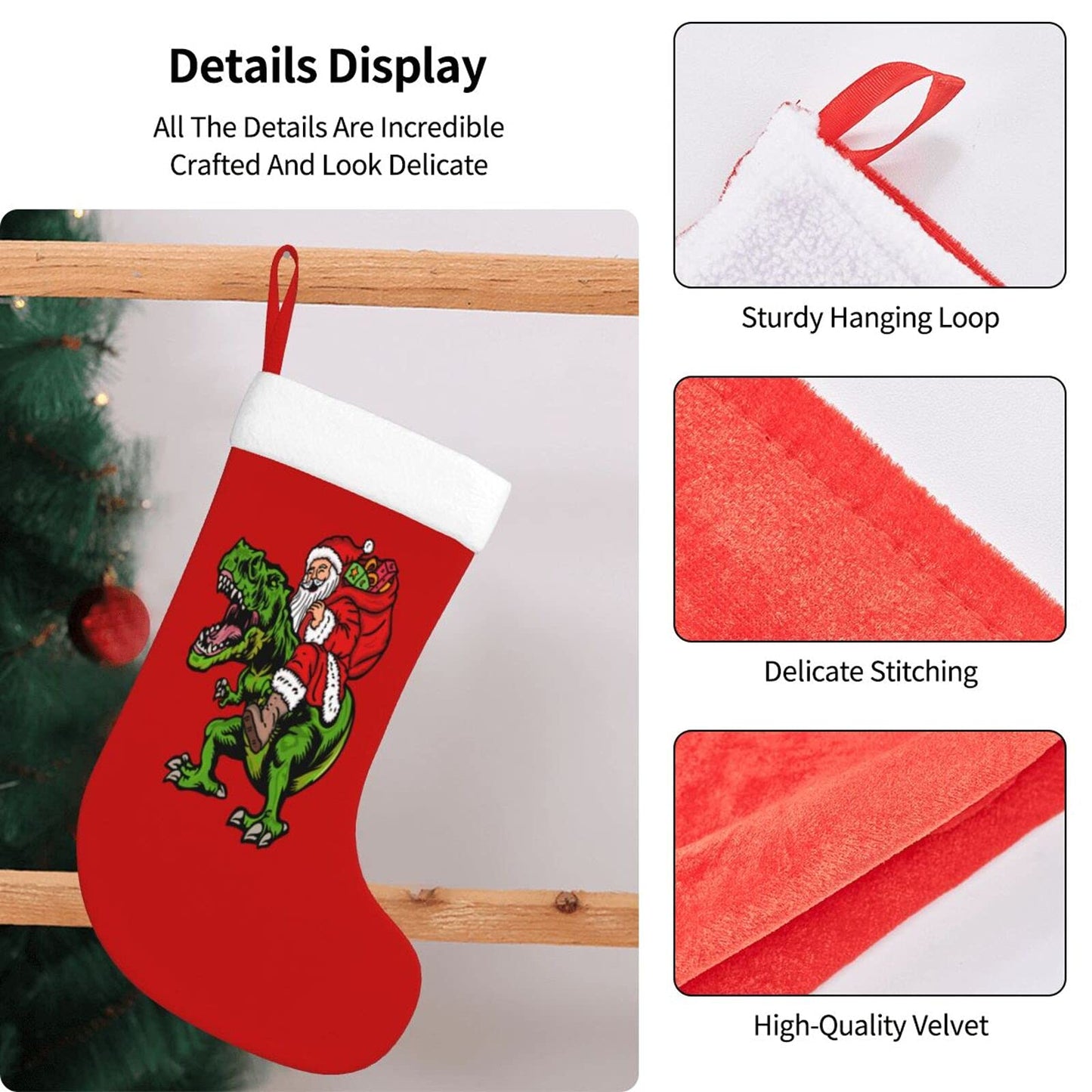 Yilad Christmas Stockings Dinosaur Santa Claus Xmas Stockings with Plush Faux Fur Cuff Decoration for Holiday Family Party 16.5 Inches