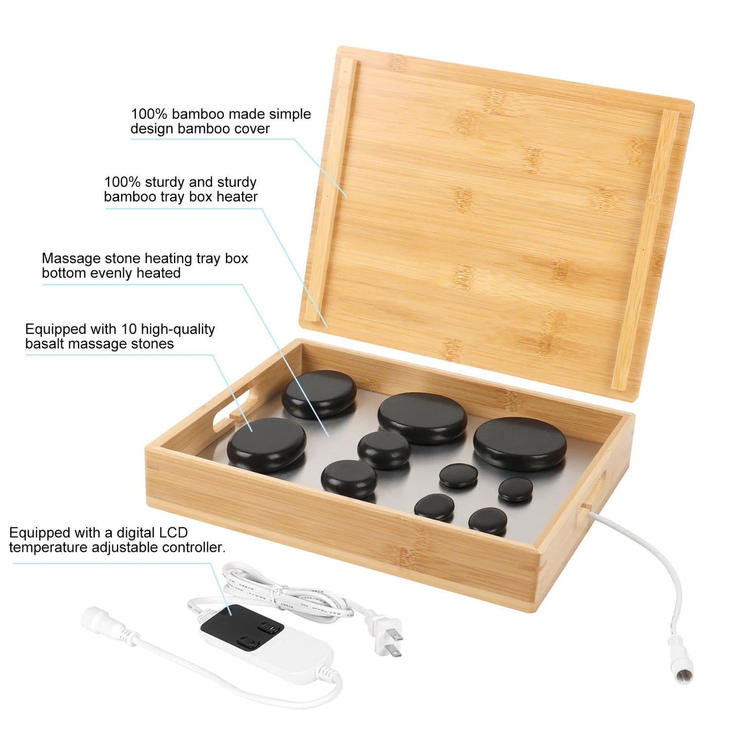 OnVisit Hot Stone Massage Set with Warmer Kit, 10 PCS Rocks Stones with Bamboo Heater Box, Temperature Control and Timing Setting, Massage Stone Heater for Spa & Home Use