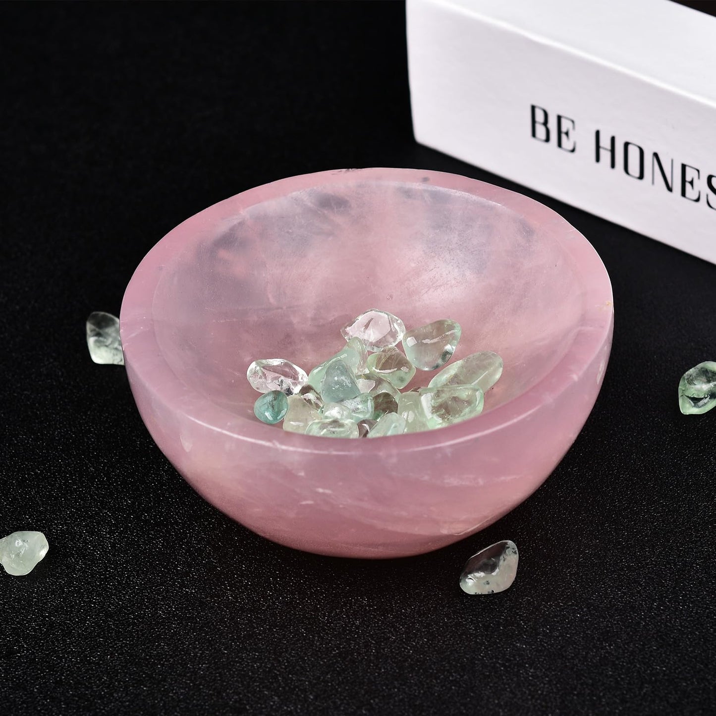 MOGEMT Large Rose Quartz Crystal Bowl Hand-Carved Round Pink Crystals Gemstone Bowl Reiki Healing Home Decoration Gift 4-4.5"
