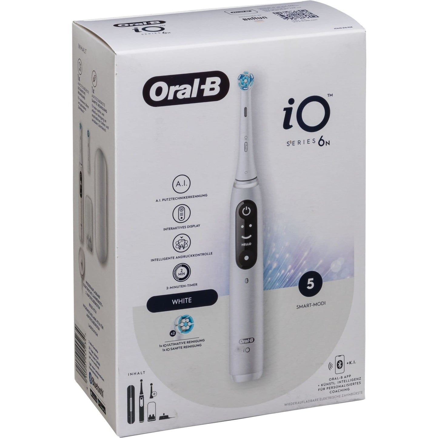 Oral-B iO Series 6 Electric Toothbrush, 2 Replacement Toothbrush Heads, 5 Cleaning Modes for Dental Care, Magnetic Technology, Display & Travel Case, Designed by Braun, White
