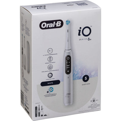 Oral-B iO Series 6 Electric Toothbrush, 2 Replacement Toothbrush Heads, 5 Cleaning Modes for Dental Care, Magnetic Technology, Display & Travel Case, Designed by Braun, White