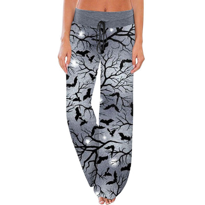 Halloween Pjs Pants,Halloween Pajama Women Pj Pants Fall Pumpkin Skull Ghost Print Loose Fit Elastic Waist Drawstring Wide Leg Trouser Pant Jammies Pjs Outfits,M