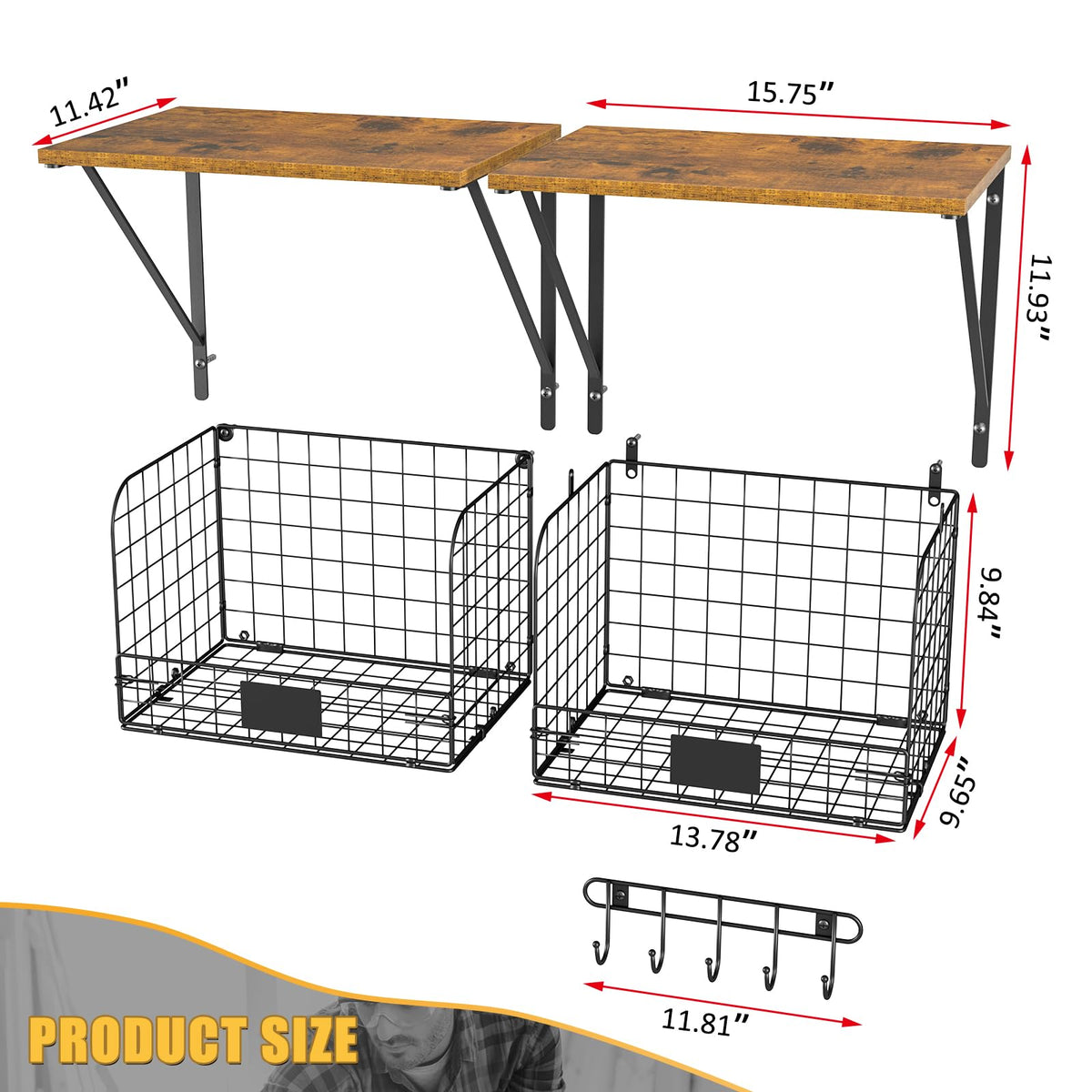 ThreeHio 2 Pack Garage Shelves Wall Mounted with Wire Storage baskets, Heavy Duty Garage Wall Shelving with Hooks, Wooden floating shelves Tool Organizer for Home Garden Garage Organizers and Storage