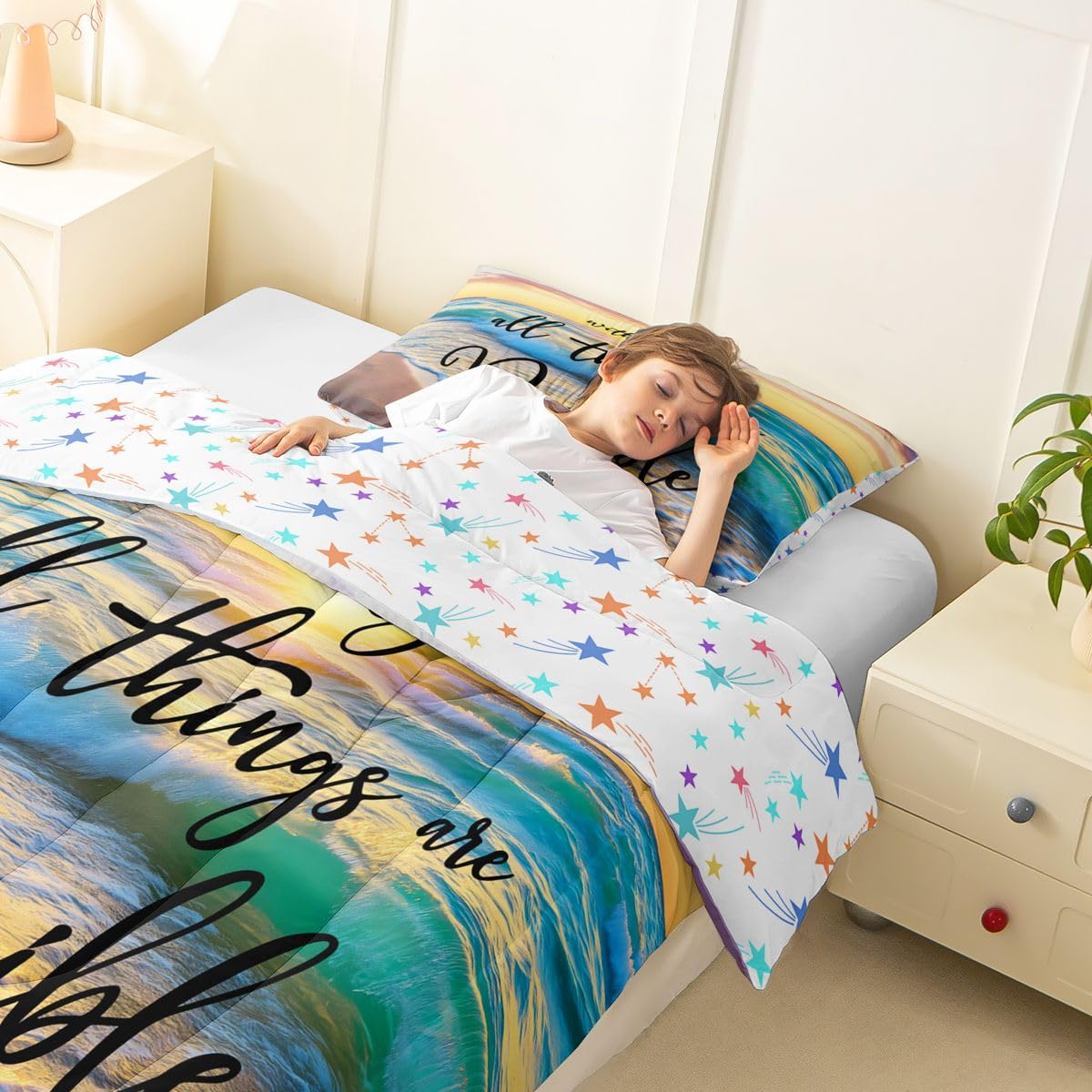 Manfei Beach Verse Twin Size Bedding Set with 1 Pillowcase - Teal Orange Inspirational Quotes Comforter Set for Kids Teen Bedroom,Ocean Sunrise Faith Summer Coastal 2 Pieces Soft Duvet Insert