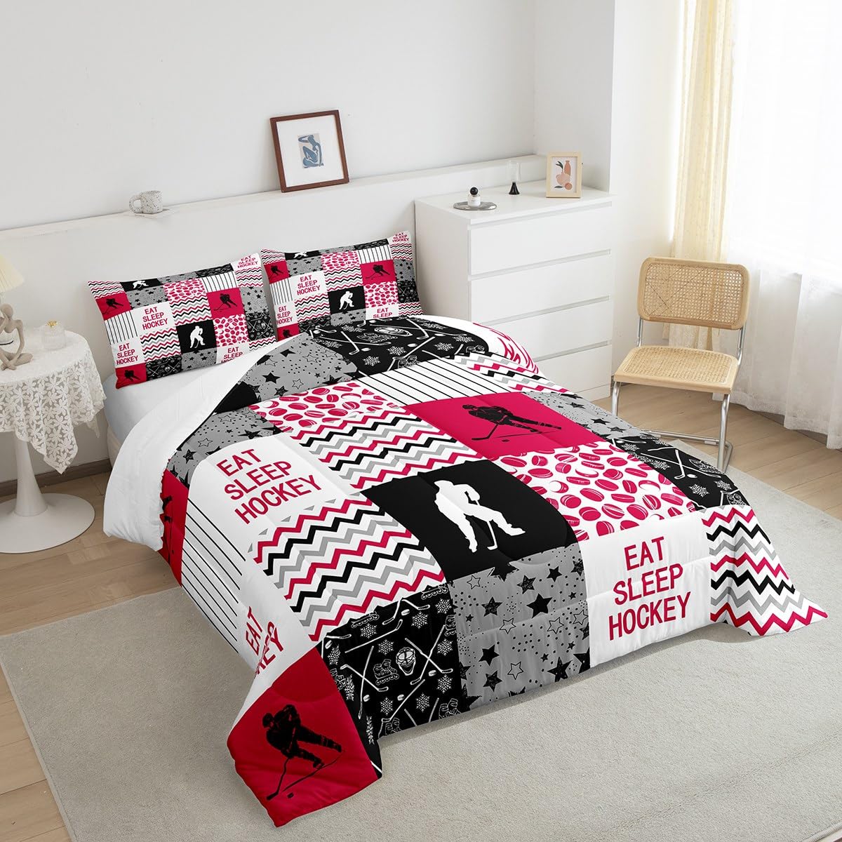 Erosebridal Ice Hockey Down Comforter, Hockey Player Comforter Set Full for Teens Kids Boys Men, Geometric Plaid Grid Bedding Set Sports Games Duvet Sets with 2 Pillow Cases, Black White and Red