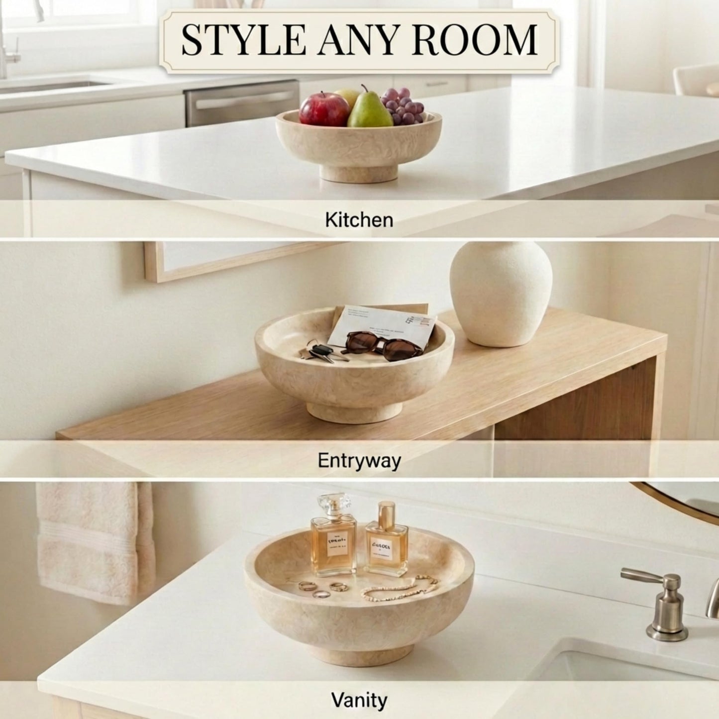 OAKOA Modern Fruit Bowl for Kitchen Counters - Large Decorative Bowl for Home Decor- Key Bowl for Entryway Table - Pedestal Bowl - Stone Bowl