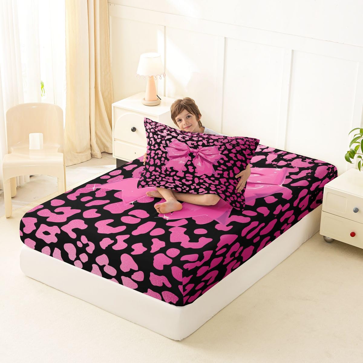 jejeloiu Pink Bowknot Fitted Sheet with 1 Pillowcase Twin Size Cute Leopard Bow Bed Sheets Set 16" Deep Pocket Boys Girls Glitter Bow Bedding Teens Bedroom Decor Breathable Soft Lightweight Microfiber
