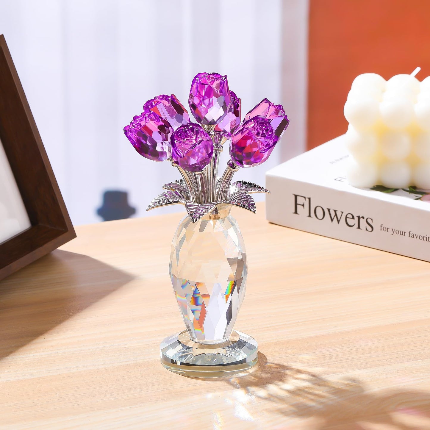 Arikyrist Crystal Purple Rose Flower Figurine with Vase, Handmade Romantic Rose Gifts Bouquet for Wife Mom Women, Glass Rose Flower with Stem Home Decor for Valentine Mother's Day Christmas