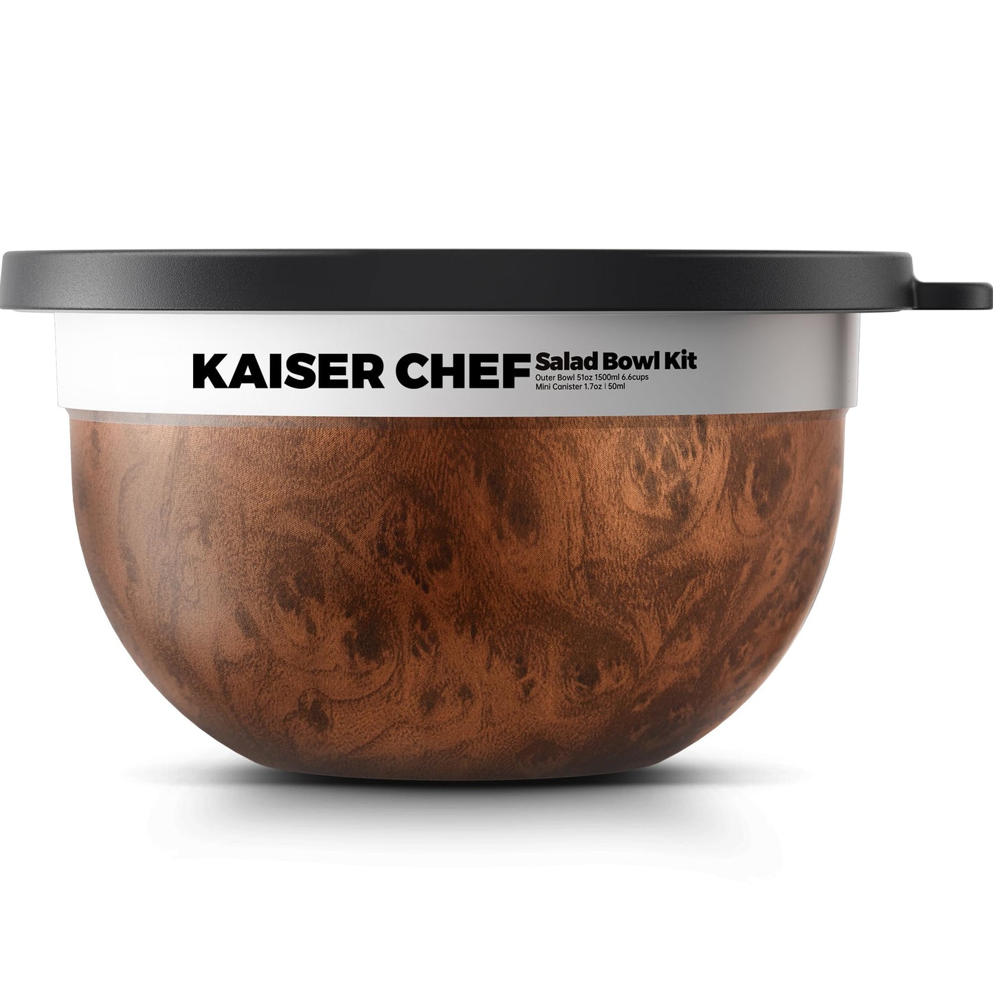 Kaiser chef Salad Bowl Kit 74oz,Salad Container For Lunch,18/8 Stainless Steel,Salad Bowl With Lid, Includes 1.7oz Condiment Container and Removable Tray,Leak-Proof, Easy to Clean (Wood)